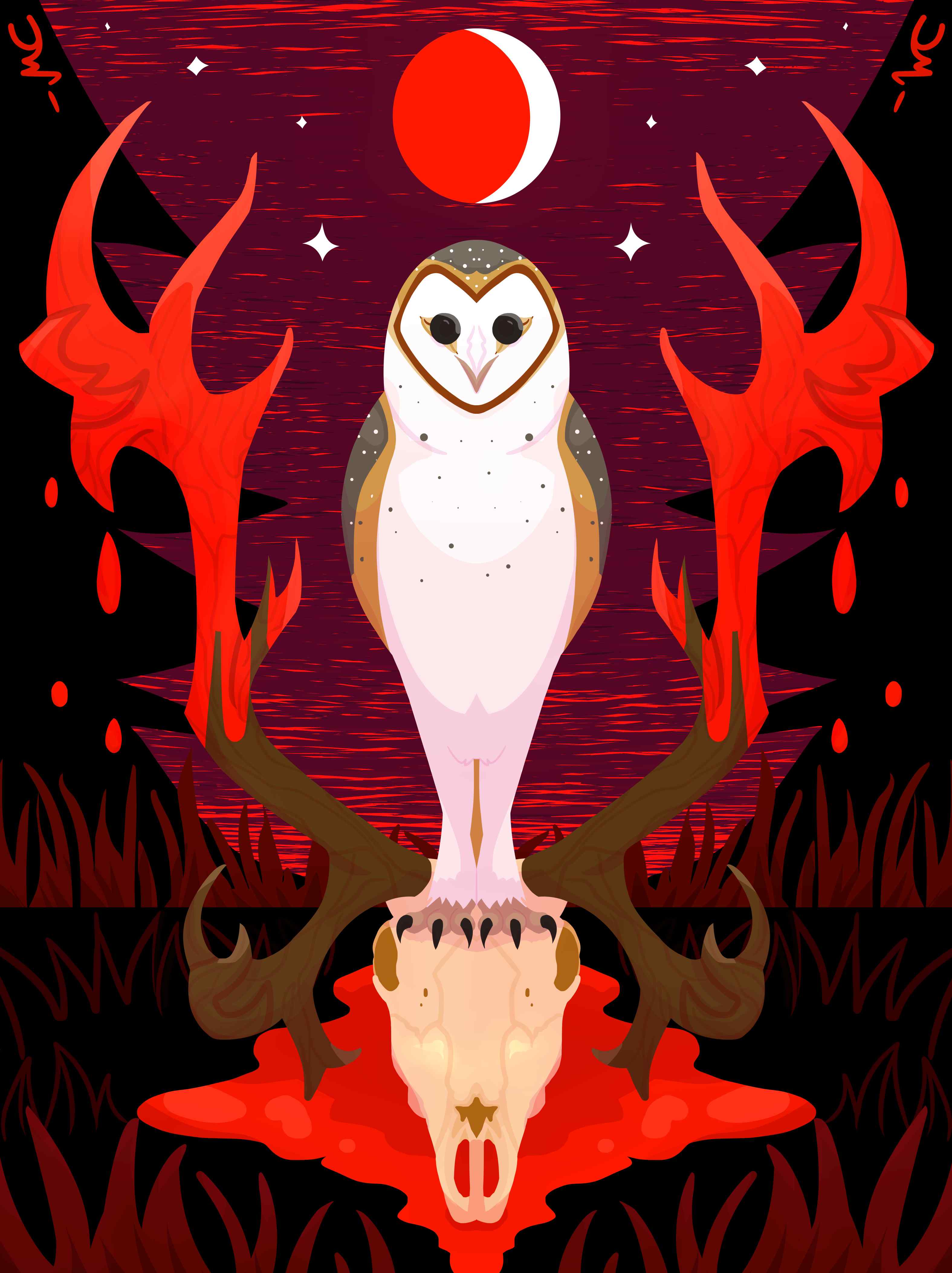 A barn owl sat atop a caribou skull. Above it is a crescent moon. There is blood dripping from the caribou's antlers and a pool of blood beneath it. The grass and trees are red and black, and the sky is red and purple. The image is symmetrical and lineless.